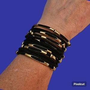 Black Layered Cord Tube Bead Magnetic Clasp Wide Moto Bracelet